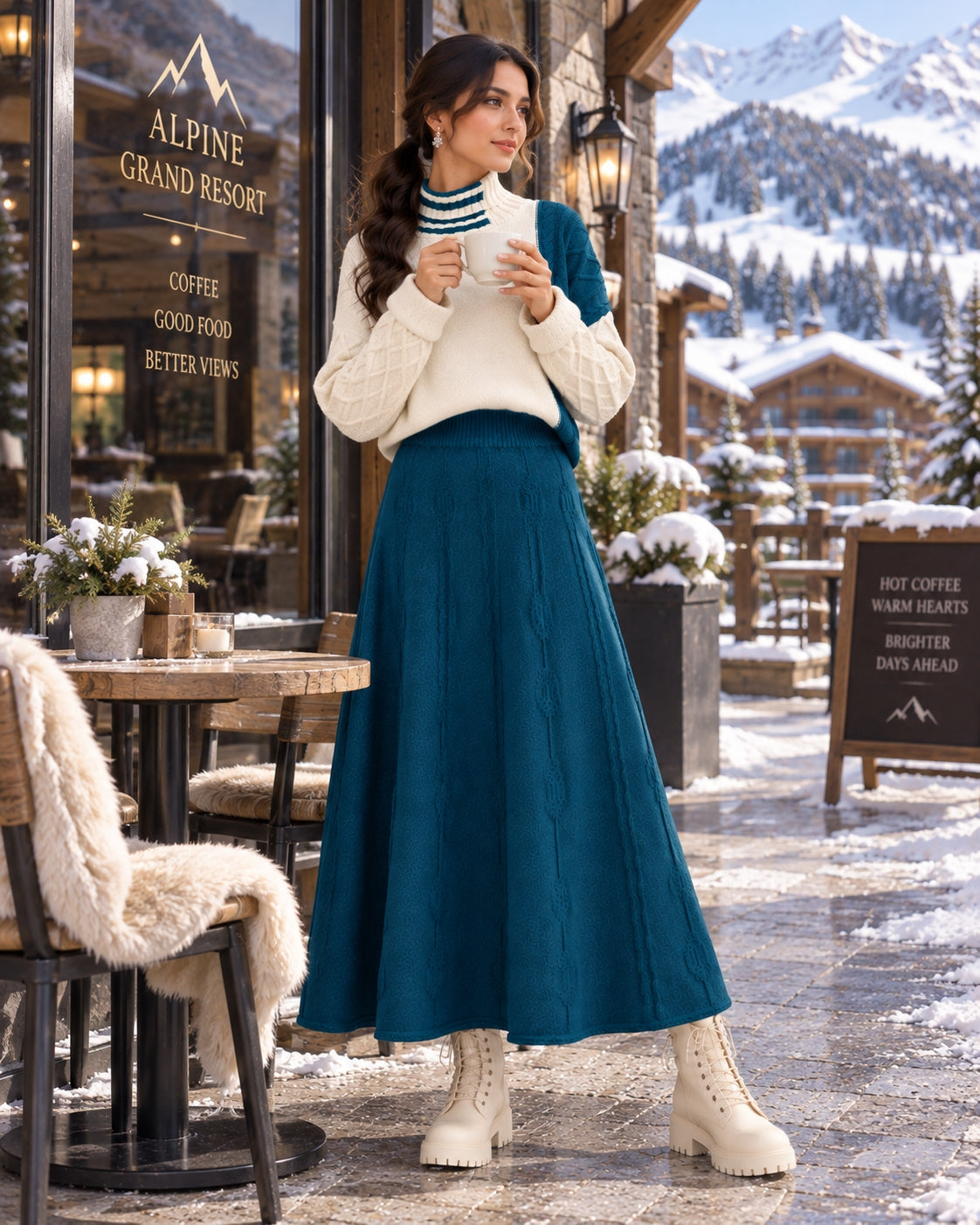 Women's Cable Knit Two Piece Set: High Neck Long Sleeve Sweater & A-Line Midi Skirt, Casual Elegant Pullover Outfit Natalia Home Fashion    Natalia Home Fashion