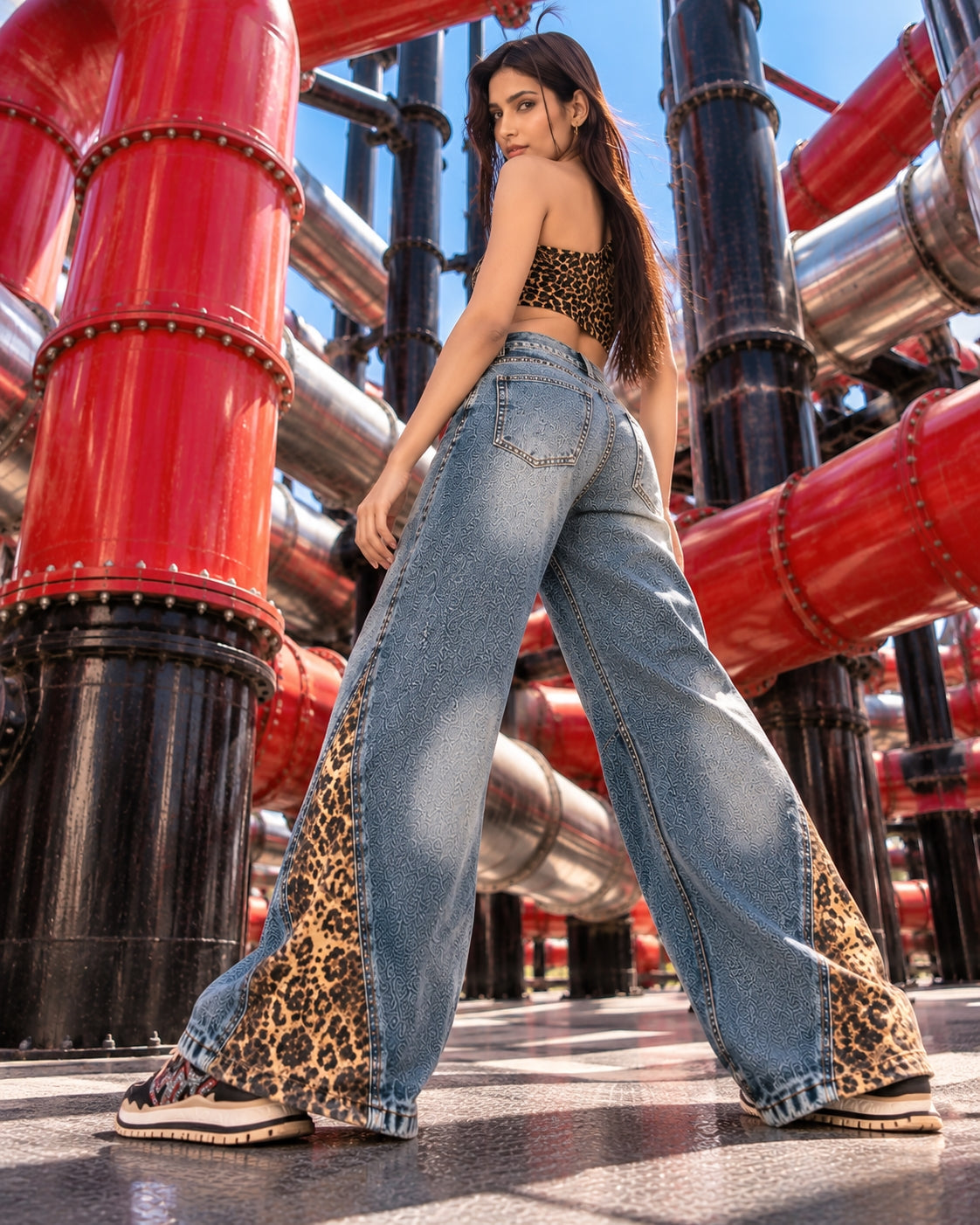 Retro Leopard Print Patchwork Baggy Jeans Women High Waist Wide Leg Washed Denim Pants Trousers Natalia Home Fashion    Natalia Home Fashion