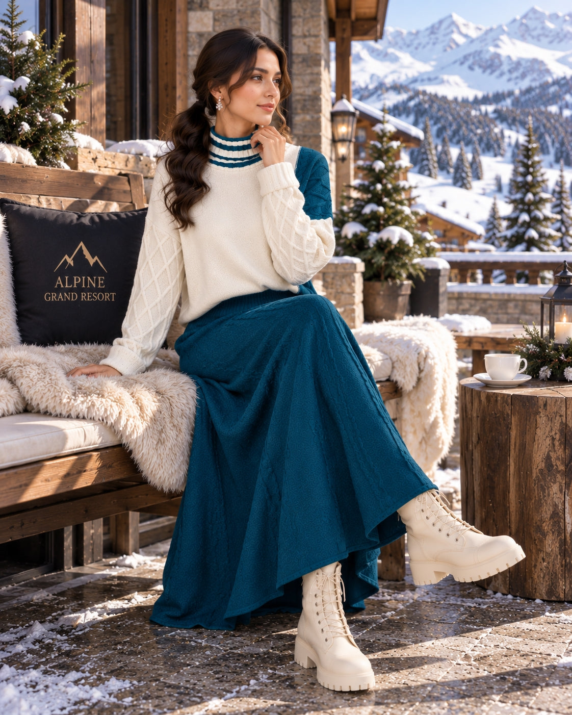 Women's Cable Knit Two Piece Set: High Neck Long Sleeve Sweater & A-Line Midi Skirt, Casual Elegant Pullover Outfit Natalia Home Fashion    Natalia Home Fashion