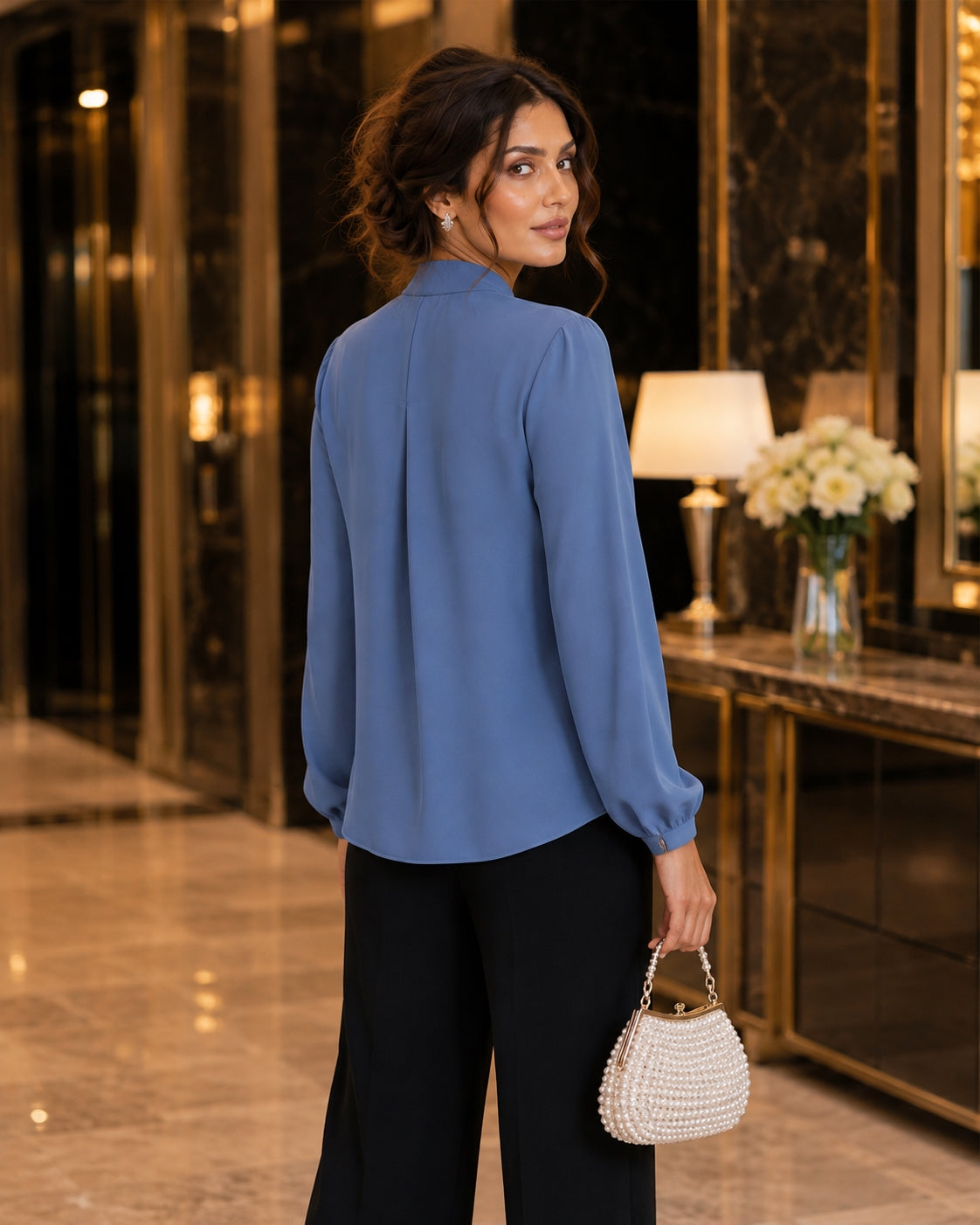 Summer Style Ring Buckle Design Lantern Sleeve Hooded Chiffon Long Sleeve Base Shirt Women's Top
