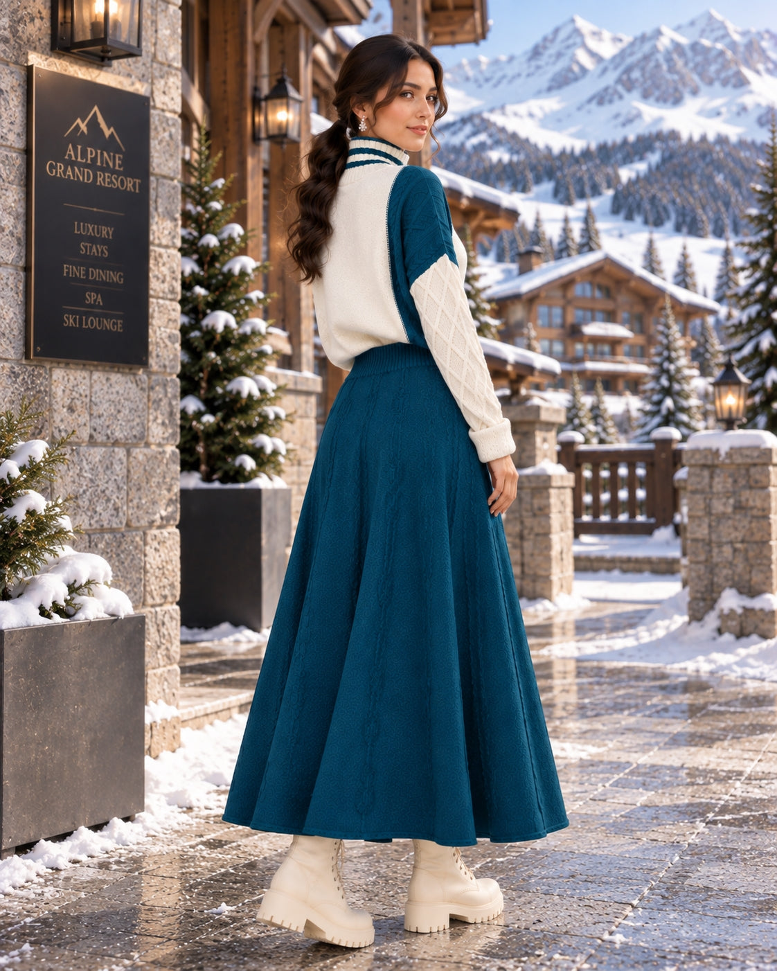 Women's Cable Knit Two Piece Set: High Neck Long Sleeve Sweater & A-Line Midi Skirt, Casual Elegant Pullover Outfit Natalia Home Fashion    Natalia Home Fashion