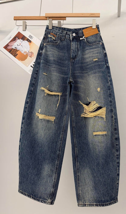 Irregular Hole Vintage Jeans Women Distressed Washed Wide Leg Loose Denim Pants Natalia Home Fashion    Natalia Home Fashion