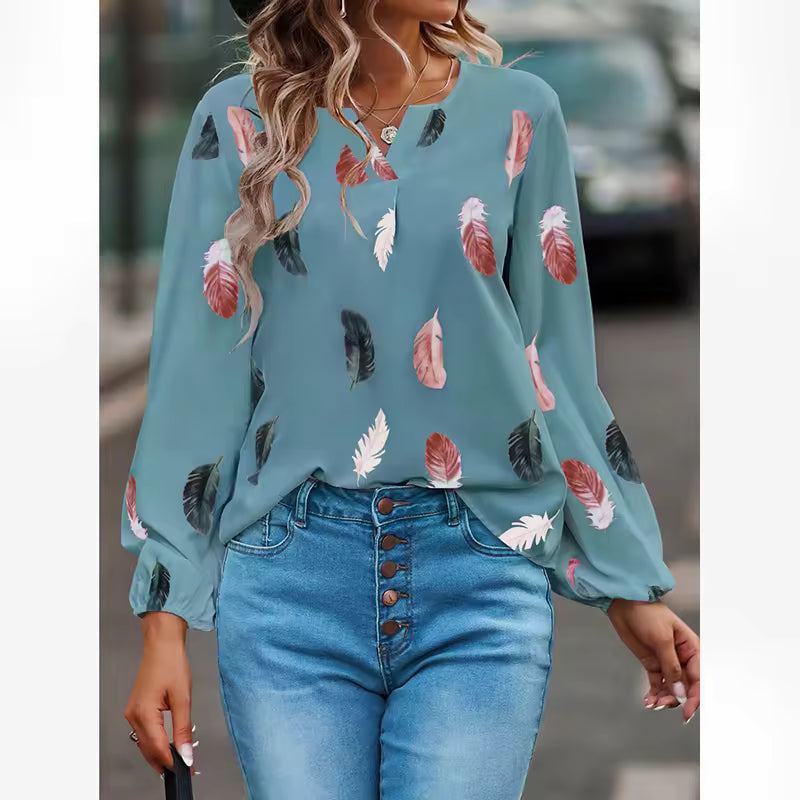 Fashion Woman Blouse Shirts For Women Stylish Top long Sleeve Feather Pattern Female Tops Elegant Chiffon Natalia Home Fashion    Natalia Home Fashion