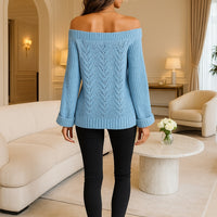 Casual Fashion Solid Color Hollow Out Sweater Off Shoulder Lantern Sleeve Knitted Pullover Women Clothes