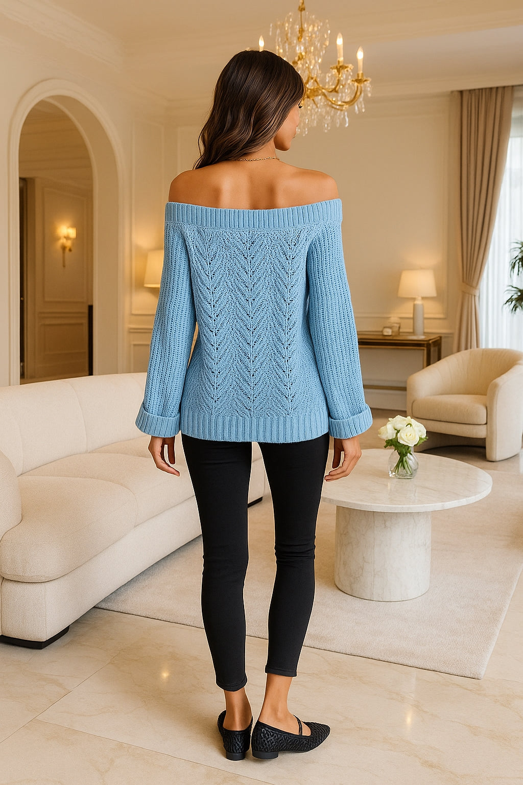 Casual Fashion Solid Color Hollow Out Sweater Off Shoulder Lantern Sleeve Knitted Pullover Women Clothes