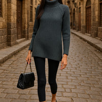 Turtlenecks Women Pullovers Mid-Long Casual Knit Sweater Fad Raglan Sleeves Side Slit Sweater New Skirt-style Jumper