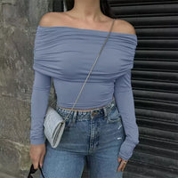 Sexy Shoulder Bared Long Sleeve Slim Fit Outwear Asymmetric Belly Bared Pleated T-Shirt Style Short New Arrival Acetate Fabric