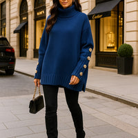 Loose Knitted High Collar Turn-down Collar Sweater for Women Full Sleeve Polyester Fiber Cross-Border Fashion Decorative Button