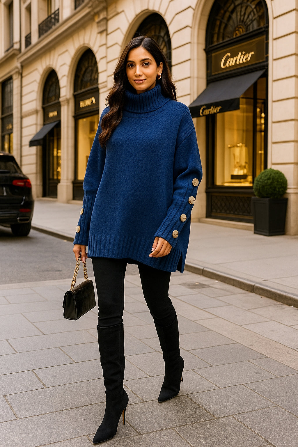 Loose Knitted High Collar Turn-down Collar Sweater for Women Full Sleeve Polyester Fiber Cross-Border Fashion Decorative Button