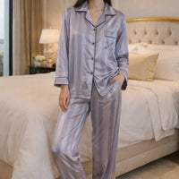 Striped Satin Pajamas Women Jacquard Loungewear Long Sleeve Trousers Two-Piece Set Solid Color Roll-Neck Cardigan Sleepwear