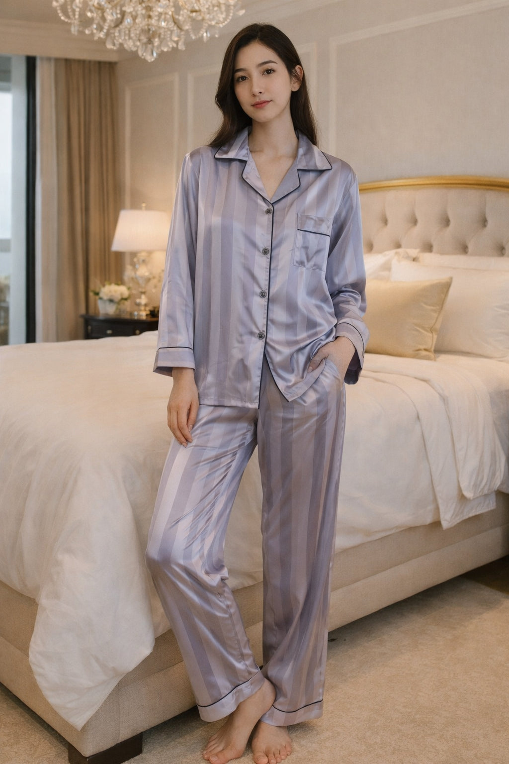 Striped Satin Pajamas Women Jacquard Loungewear Long Sleeve Trousers Two-Piece Set Solid Color Roll-Neck Cardigan Sleepwear
