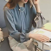 Summer Style Ring Buckle Design Lantern Sleeve Hooded Chiffon Long Sleeve Base Shirt Women's Top