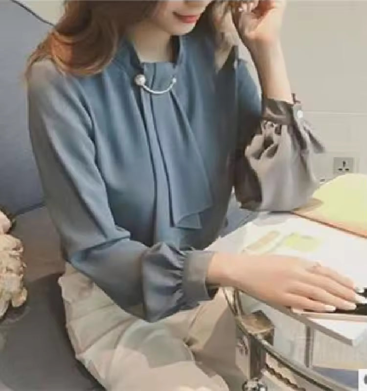 Summer Style Ring Buckle Design Lantern Sleeve Hooded Chiffon Long Sleeve Base Shirt Women's Top