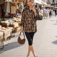 Elegant geometric printed long sleeved shirts For Women Fashion Suit Collar Button Front Blouse