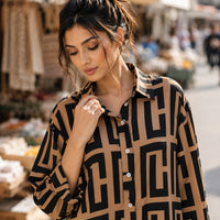 Elegant geometric printed long sleeved shirts For Women Fashion Suit Collar Button Front Blouse