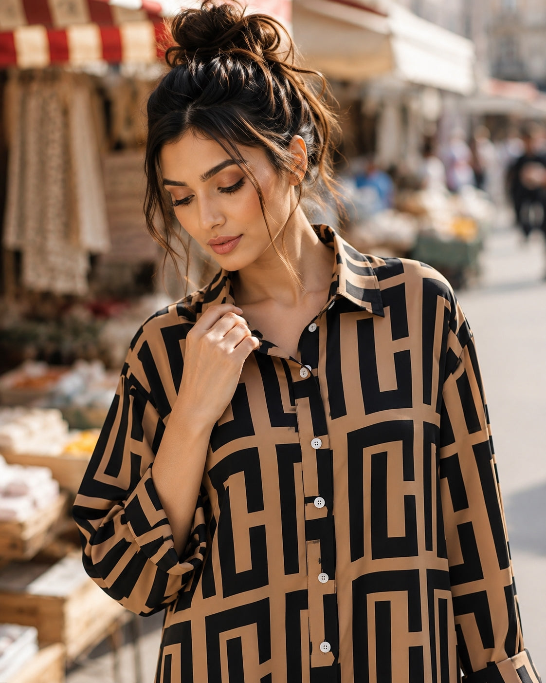 Elegant geometric printed long sleeved shirts For Women Fashion Suit Collar Button Front Blouse