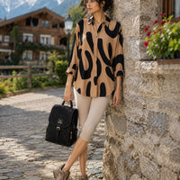 Elegant Casual Abstract Print Shirt for Women Turn-down Collar long Sleeve Loose Slimming Versatile Blouse