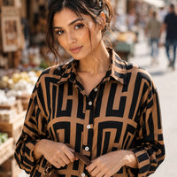 Elegant geometric printed long sleeved shirts For Women Fashion Suit Collar Button Front Blouse