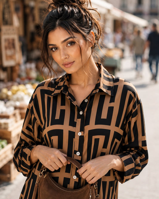 Elegant geometric printed long sleeved shirts For Women Fashion Suit Collar Button Front Blouse Natalia Home Fashion    Natalia Home Fashion