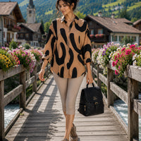Elegant Casual Abstract Print Shirt for Women Turn-down Collar long Sleeve Loose Slimming Versatile Blouse