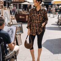Elegant geometric printed long sleeved shirts For Women Fashion Suit Collar Button Front Blouse