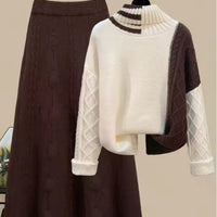 Women's Cable Knit Two Piece Set: High Neck Long Sleeve Sweater & A-Line Midi Skirt, Casual Elegant Pullover Outfit Natalia Home Fashion    Natalia Home Fashion