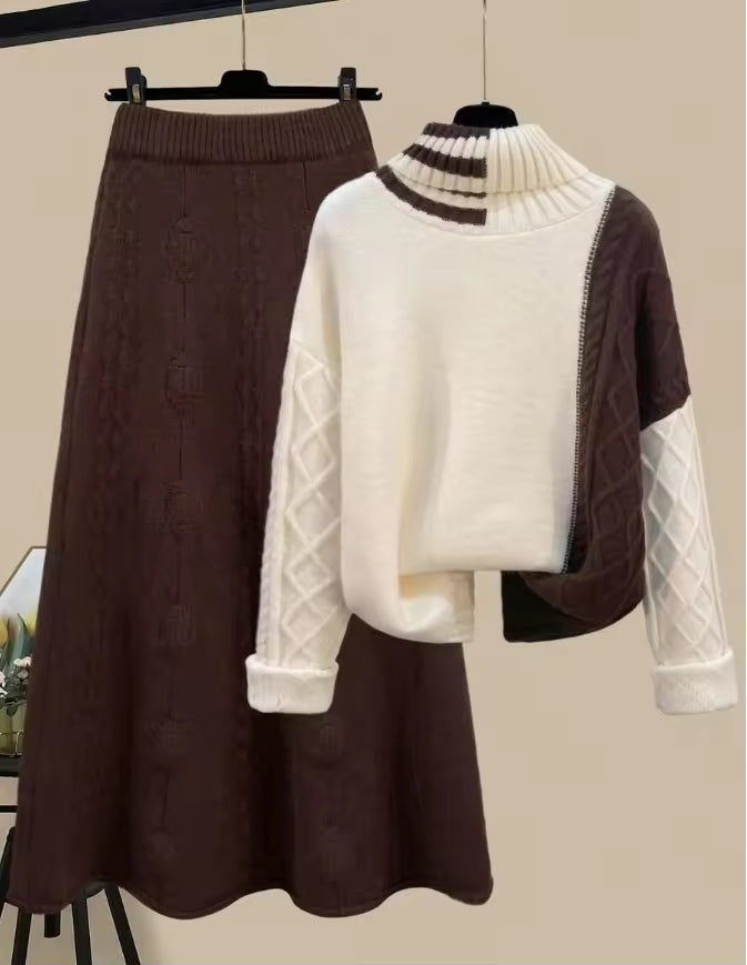 Women's Cable Knit Two Piece Set: High Neck Long Sleeve Sweater & A-Line Midi Skirt, Casual Elegant Pullover Outfit Natalia Home Fashion    Natalia Home Fashion