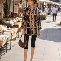 Elegant geometric printed long sleeved shirts For Women Fashion Suit Collar Button Front Blouse