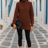 Turtlenecks Women Pullovers Mid-Long Casual Knit Sweater Fad Raglan Sleeves Side Slit Sweater New Skirt-style Jumper