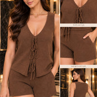 V-neck Sleeveless Vest Single-row Lace-up Casual Shorts Two-piece Set Women's Casual matching Shorts Set Natalia Home Fashion    Natalia Home Fashion