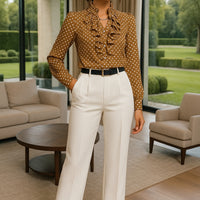 Long Sleeve Button Shirt Fashion Polka Dot Print Ruffle Women Shirts Blouses Elegant Office Lady Casual Top