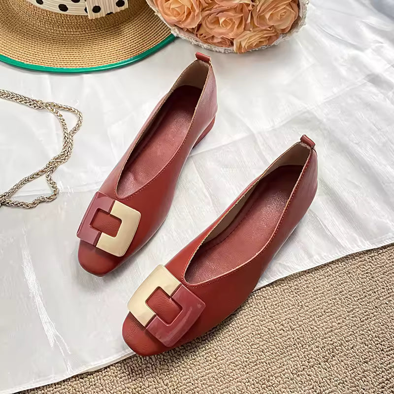 Woman Square Toe Low Heeled Metal Decoration Red Mary Janes Cute Casual Ballerina Female Flats Elegant Soft Soled Flat Shoes