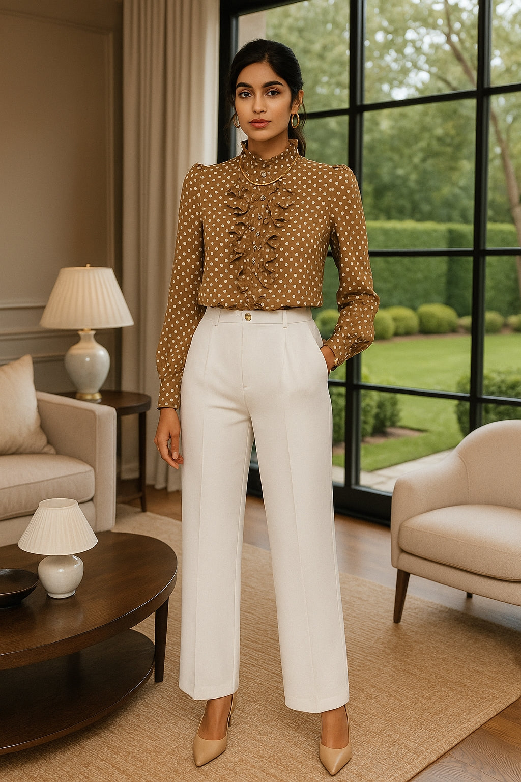 Long Sleeve Button Shirt Fashion Polka Dot Print Ruffle Women Shirts Blouses Elegant Office Lady Casual Top