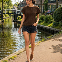 Women's Casual Round Neck Jacquard Short Sleeve Top T-shirt Leisure Commute Women Clothing