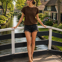 Women's Casual Round Neck Jacquard Short Sleeve Top T-shirt Leisure Commute Women Clothing