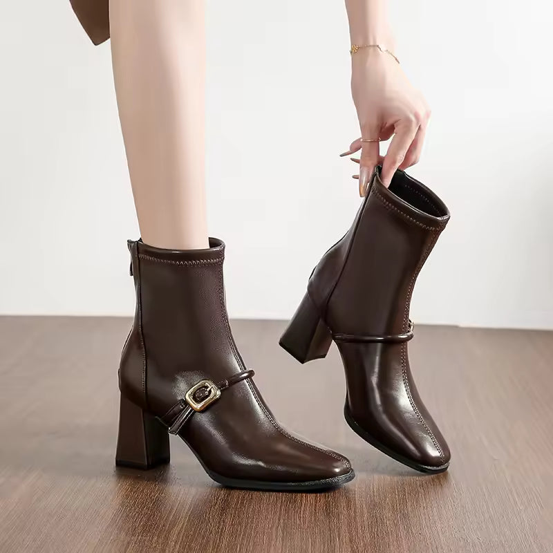 Thick Heel Elastic Slim Women Ankle Boots Fashion Square Toe Autumn Winter Ladies Elegant Mordern Short Booties
