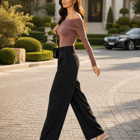 Sexy Shoulder Bared Long Sleeve Slim Fit Outwear Asymmetric Belly Bared Pleated T-Shirt Style Short New Arrival Acetate Fabric