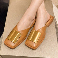 Women Slippers Brand Designer Fashion Metal Buckle Flat Heels Square Toe Shallow Shoes for Women Outdoor Slide Female Casual - Natalia Home Fashion