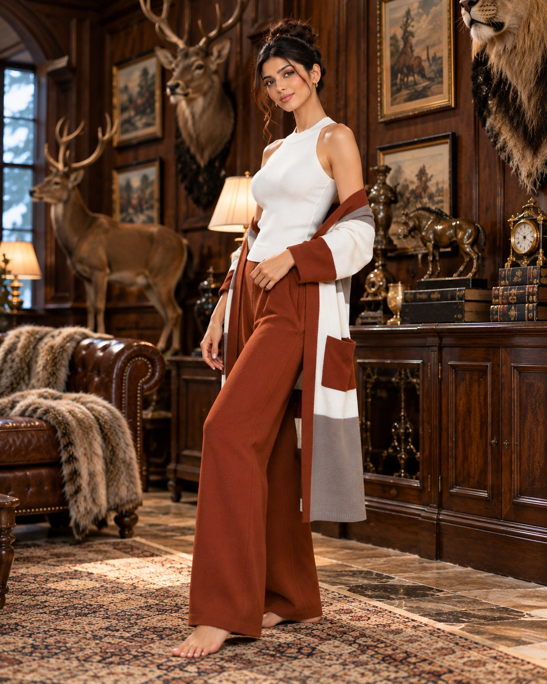 Women's 3PC Knit Set - Cardigan Tank Top Wide Leg Pants  Cross-Border Outfit Natalia Home Fashion    Natalia Home Fashion