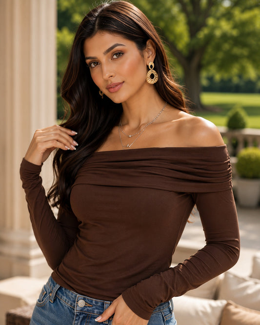 Women's Sexy Off-shoulder Slim Long-sleeved Base One-shoulder Top T-shirt Natalia Home Fashion    Natalia Home Fashion