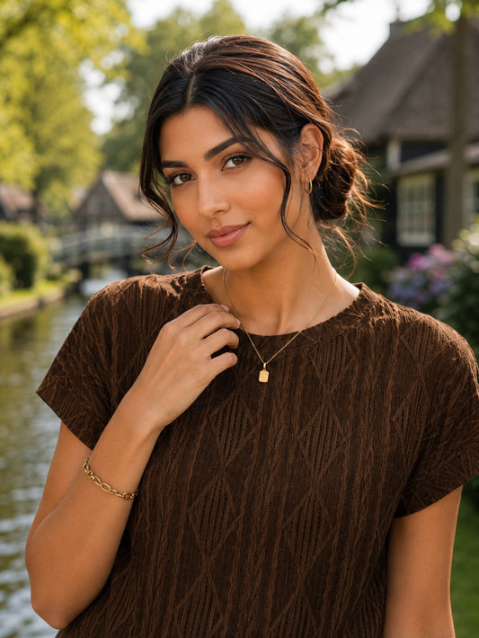 Women's Casual Round Neck Jacquard Short Sleeve Top T-shirt Leisure Commute Women Clothing Natalia Home Fashion    Natalia Home Fashion