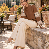 Women Mock Neck Knit Sweater Color Block Geometric Pattern Raglan Long Sleeve Button Cuff Loose Fall Winter Pullover Jumper Natalia Home Fashion    Natalia Home Fashion