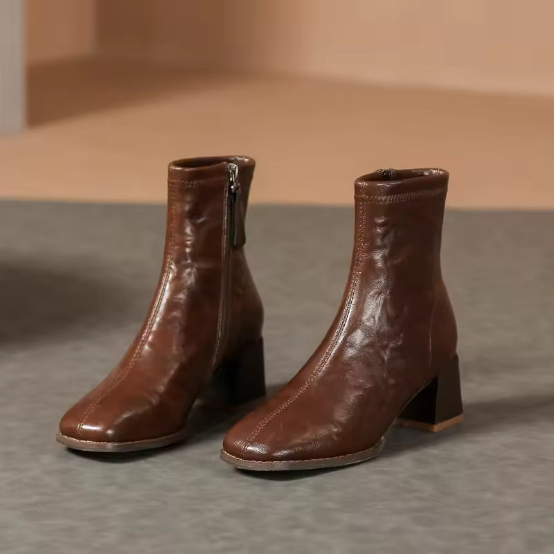 Woman Sheepskin Leather Shoes Spring Autumn Ankle Boots side Zip French Style Thick Heel Women's Short Boots