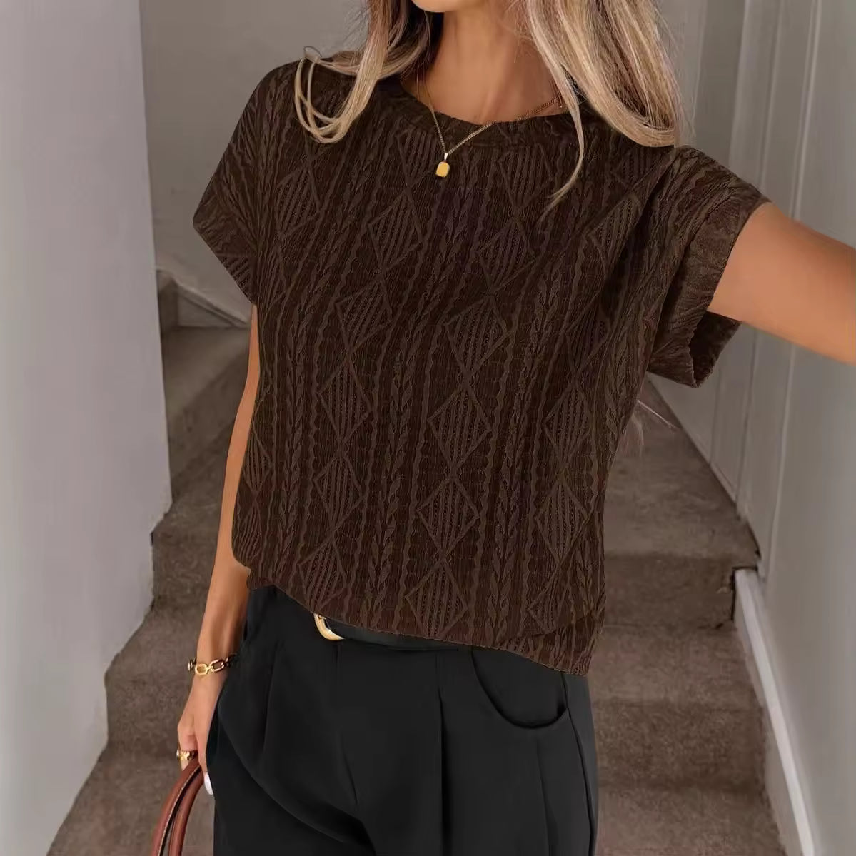 Women's Casual Round Neck Jacquard Short Sleeve Top T-shirt Leisure Commute Women Clothing