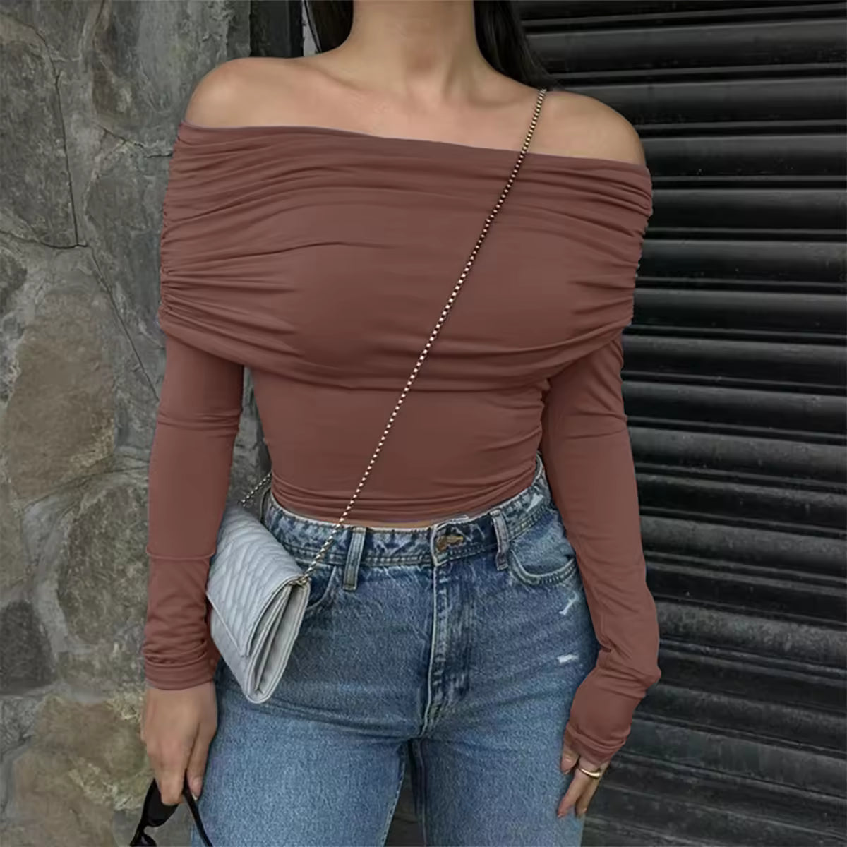 Sexy Shoulder Bared Long Sleeve Slim Fit Outwear Asymmetric Belly Bared Pleated T-Shirt Style Short New Arrival Acetate Fabric