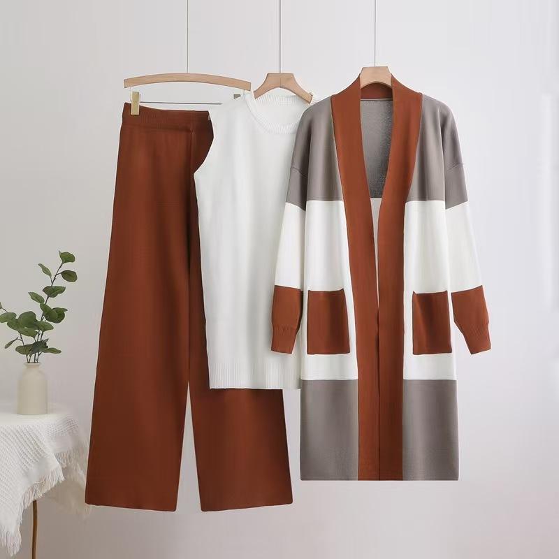 Women's 3PC Knit Set - Cardigan Tank Top Wide Leg Pants  Cross-Border Outfit Natalia Home Fashion    Natalia Home Fashion