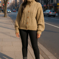 Vintage Soft And Supple Design Sensibility Horn Button polo/turtle Neck Women's Winter Idle Style Loose-Fit Thickened Knitted Ca