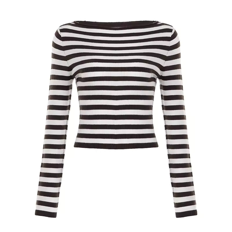 Women Striped Long Sleeve Ribbed Knit Crop Top Cottage Slim Fitted T Shirt Vintage Minimal Pullovers Tees Natalia Home Fashion    Natalia Home Fashion