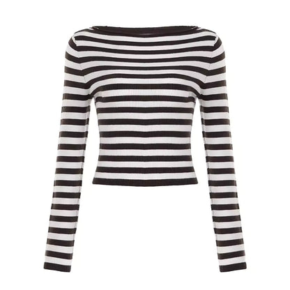 Women Striped Long Sleeve Ribbed Knit Crop Top Cottage Slim Fitted T Shirt Vintage Minimal Pullovers Tees Natalia Home Fashion    Natalia Home Fashion