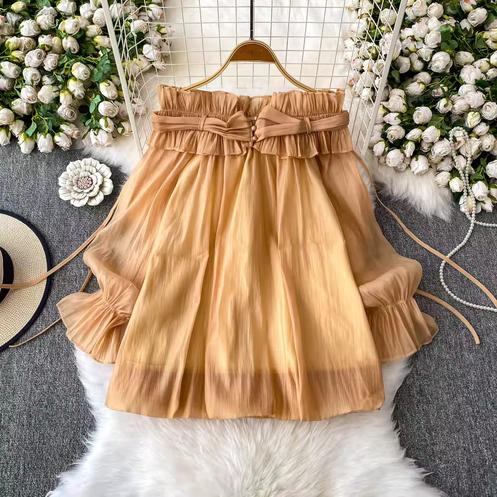 Off Shoulder Sweet Chiffon Top Long Sleeve Elastic French Style Solid Women Vacation Ruffles Loose Dresses